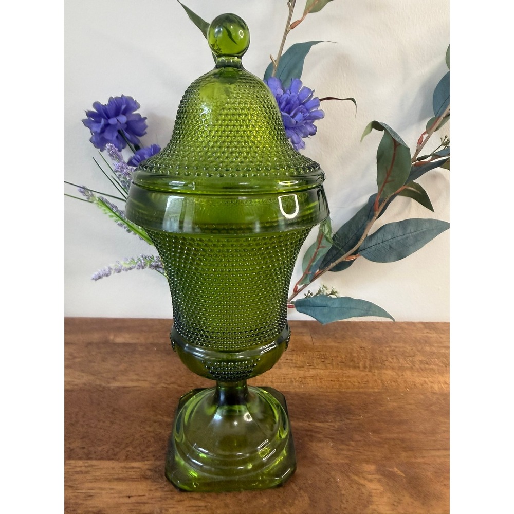 Vintage Empoli Green Hobnail Apothecary Jar‎ Pedestal Candy Dish Art Glass